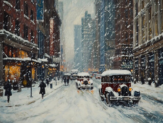 Naklejka premium city street during snowstorm with snow covered cars and pedestrians. scene captures beauty and tranquility of winter, showcasing vintage vehicles and bustling atmosphere