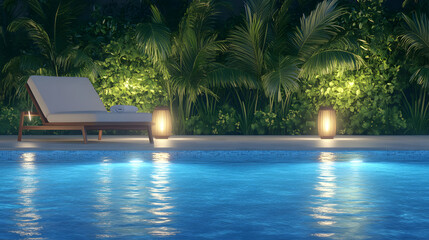Obraz premium Relaxing poolside retreat tropical garden serenity evening tranquil vibes