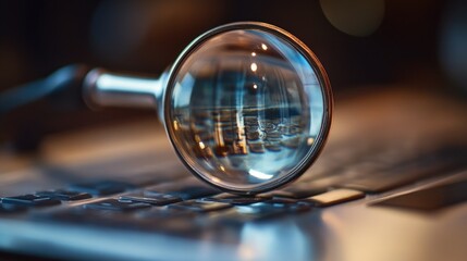 A magnifying glass rests on a laptop keyboard, highlighting details in a focused manner.