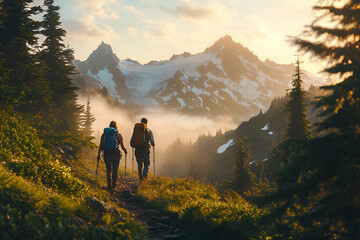 Obraz premium Hiking on a misty mountain trail at sunrise, with snow-capped peaks and golden sunlight filtering through the trees.