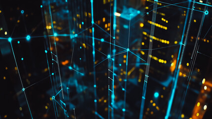 Obraz premium Smart digital city with connection Innovation network reciprocity over the sunset cityscape Concept of future wireless digital city and social media networking systems that connects business people