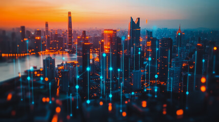 Fototapeta premium Smart digital city with connection Innovation network reciprocity over the sunset cityscape Concept of future wireless digital city and social media networking systems that connects business people