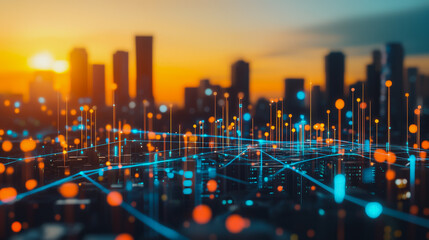 Obraz premium Smart digital city with connection Innovation network reciprocity over the sunset cityscape Concept of future wireless digital city and social media networking systems that connects business people