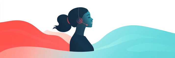 Woman in headset with red and blue abstract waves behind her.