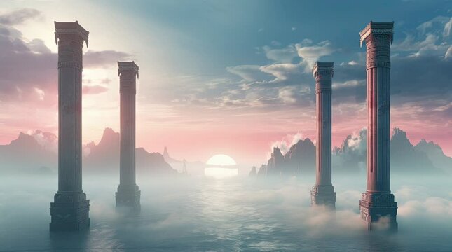 A natural landscape with four mysterious pillars on the water. 4k animated video