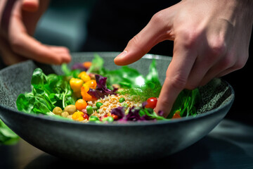 Fresh salad preparation with colorful vegetables and grains