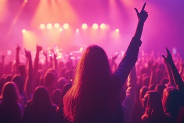 Energetic concert crowd; a woman enjoys the music. Perfect for music festival, live show, or event...