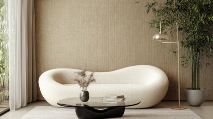 Minimalist living room with white sofa, glass coffee table, and bamboo plant.