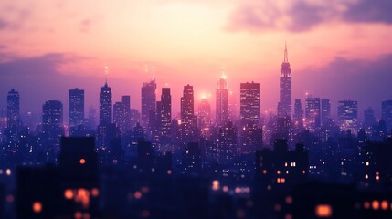Obraz premium A vibrant city skyline at sunset, showcasing skyscrapers and glowing lights.