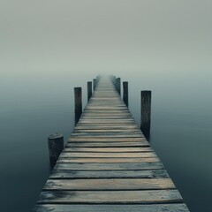 Obraz premium A wooden pier stretches into the mist over calm water.