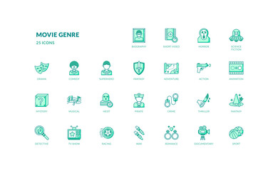 movie genre cinema film cinematography theater entertainment green filled line icon set