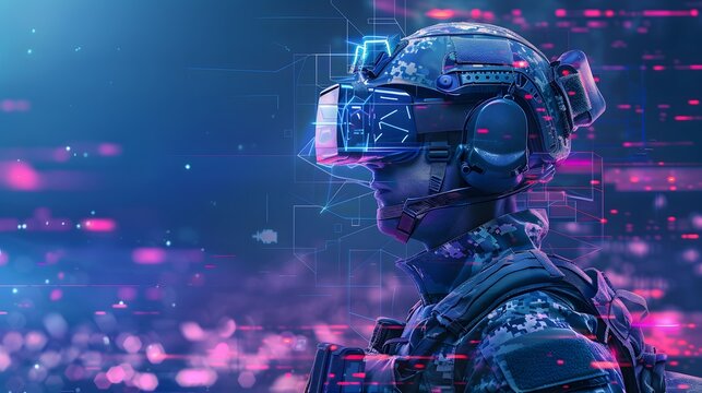 A soldier wearing a futuristic VR headset stands against a backdrop of glowing blue and pink lights.