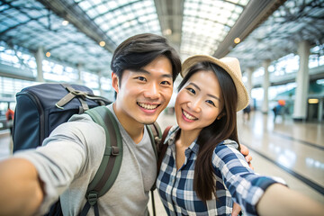 asian couple taking selfie at airport
