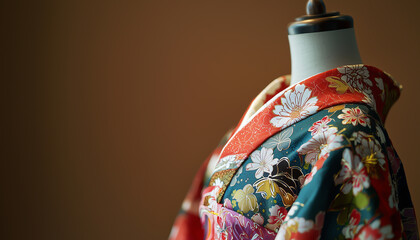 A traditional kimono on an empty mannequin, focusing on the upper body with no arms or legs visible.  Generative AI.
