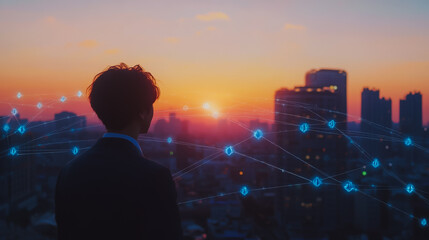 Fototapeta premium Smart digital city with connection Innovation network reciprocity over the sunset cityscape Concept of future wireless digital city and social media networking systems that connects business people