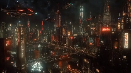 Fototapeta premium Bustling anime city skyline at night with vibrant neon lights and flying vehicles