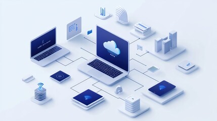 A digital illustration of cloud computing with interconnected devices and data flow.