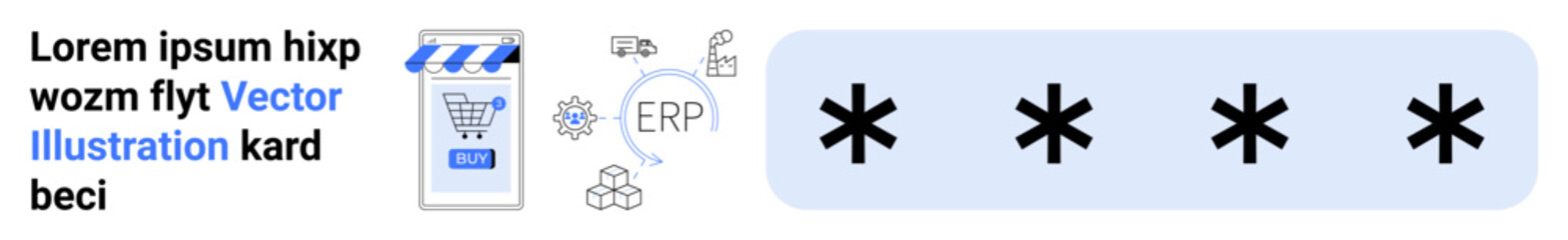 Shopping cart icon, ERP system icons, card with asterisks. Ideal for e-commerce, online shopping, cybersecurity, ERP integration, payment processing, digital transactions, and business automation