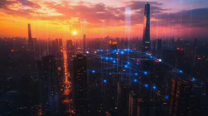 Fototapeta premium Smart digital city with connection Innovation network reciprocity over the sunset cityscape Concept of future wireless digital city and social media networking systems that connects business people