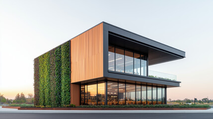 Fototapeta premium Modern canteen building with green wall, large windows, and sleek design. structure showcases contemporary architecture, blending nature with urban elements, creating inviting atmosphere