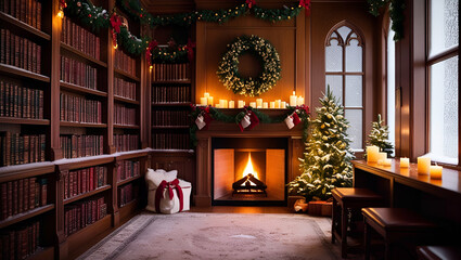 cozy library scene adorned with Christmas decorations and a warm fireplace