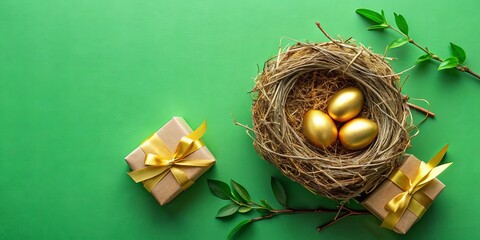 Golden Eggs in Nest with Gifts and Greenery A Symbol of Wealth and Prosperity