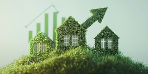A green-themed representation of homes growing, symbolizing eco-friendly living and economic growth, with an upward trend shown in the background.