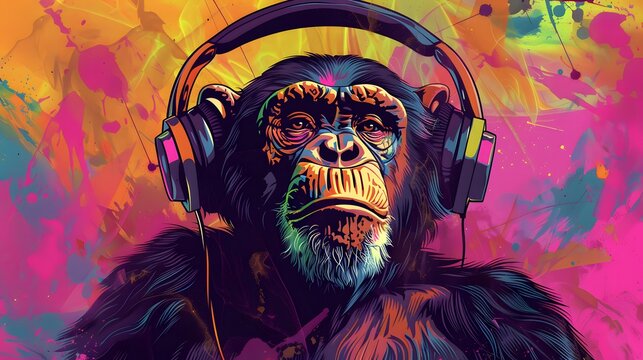 A vibrant and colorful illustration of a chimpanzee wearing headphones, set against a backdrop of abstract shapes and splatter paint.