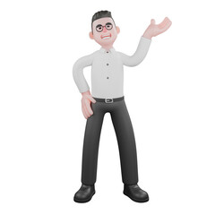 3D Filmmaker Producer. A male producer stands while looking up with his right hand on his waist and his left hand open. Cartoon 3D Model