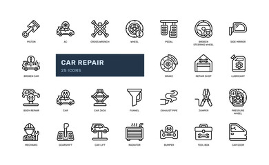 car repair service maintenance mechanic vehicle outline line icon set