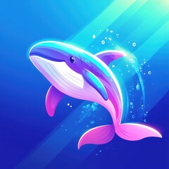 A cartoon whale with pink fins swims through blue water.