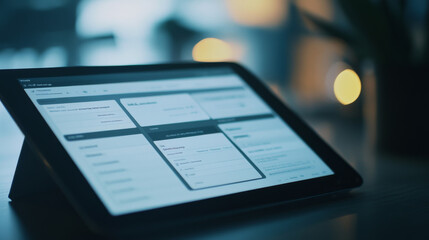 detailed close up of digital tablet displaying various applications and interfaces, set against softly lit background, creating modern and tech savvy atmosphere