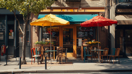 quaint cafe on city street featuring outdoor seating with colorful umbrellas. inviting atmosphere is perfect for enjoying meal or coffee