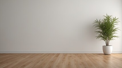 white wall background with wooden floor and decorated with several potted plants