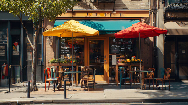 quaint cafe on city street featuring outdoor seating with colorful umbrellas. inviting atmosphere is perfect for enjoying meal or coffee