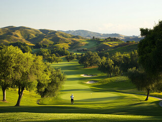 scenic golf course with lush green fairways and rolling hills, featuring player preparing to tee off. serene landscape invites relaxation and enjoyment of game