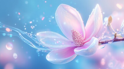 A delicate pink magnolia flower with water droplets and a soft blue background.