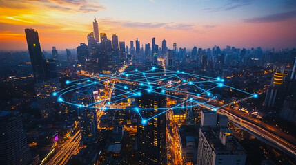 Naklejka premium Smart digital city with connection Innovation network reciprocity over the sunset cityscape Concept of future wireless digital city and social media networking systems that connects business people