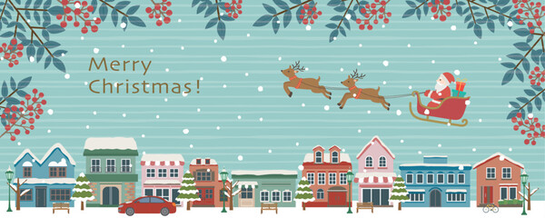 クリスマスの街並み　サンタクロースとトナカイ