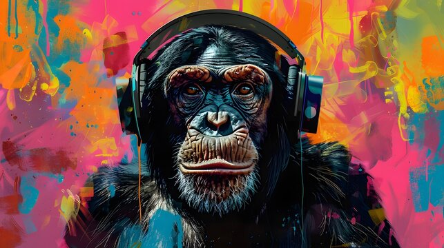 Close-up portrait of a chimpanzee wearing headphones against a colorful abstract background.