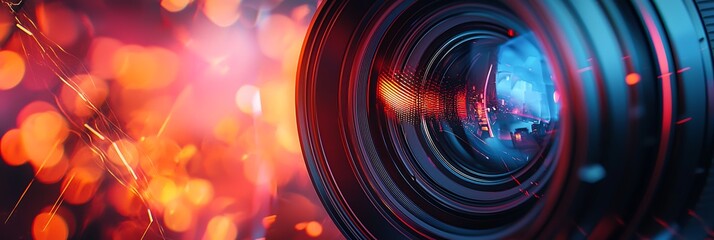 A vibrant close-up of a camera lens with colorful bokeh lights, highlighting intricate details and depth.