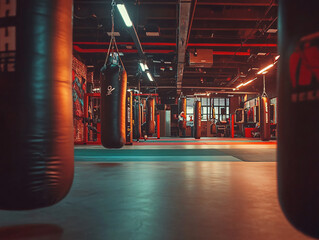 vibrant kickboxing gym featuring heavy bags, training areas, and fighters. atmosphere is energetic and motivating, perfect for intense workouts