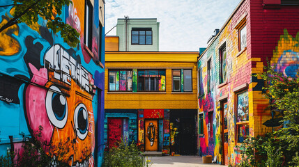 vibrant street art scene in urban neighborhood showcases colorful murals and graffiti on building walls, creating energetic atmosphere