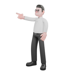 Animated 3D Cartoon. A male producer stands while pointing forward with his right hand, and his left hand is on his waist. Film Style