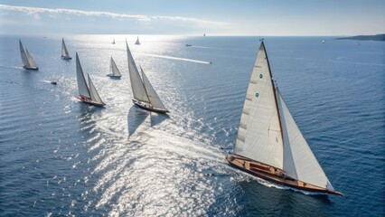 Fototapeta premium Regatta Sailing Ships With White Sails Glide Across the Shimmering Sea in Bright Sunlight. Generative AI