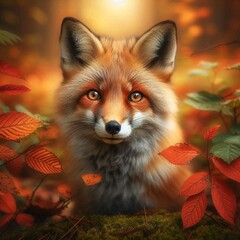 Fototapeta premium A red fox with very sharp eyes peering out through the leaves in the woods.