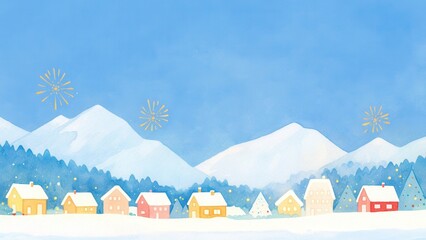 Childlike christmas scene, Little village on a glacier with glowing aurora, soft fireworks lighting the icy landscape, fantastical backdrop