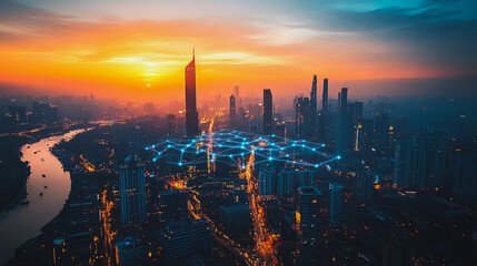 Fototapeta premium Smart digital city with connection Innovation network reciprocity over the sunset cityscape Concept of future wireless digital city and social media networking systems that connects business people