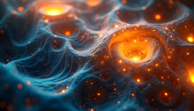 Complex and abstract patterns, rotating and intricate shapes, and orange, blue, and gold lines.