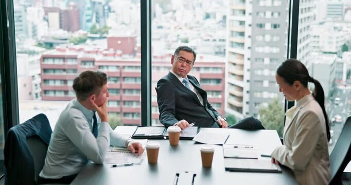 Business people, meeting and corporate discussion with documents or contract for company settlement in Japan. Staff, businessman and employees with proposal for b2b agreement, deal or negotiation